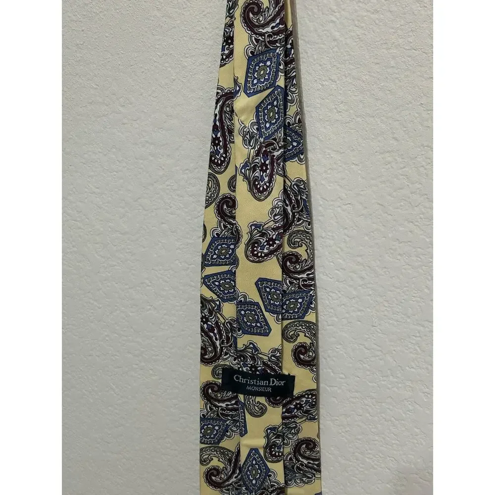 Vintage Christian Dior Tie Yellow Silk Red Paisley Necktie Made In USA